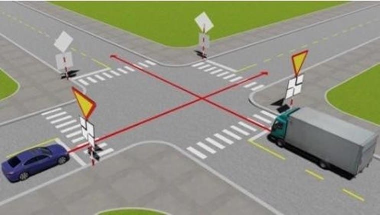 Bộ 600 Câu Hỏi Sát Hạch Lái Xe Cơ Giới Đường Bộ 43 Câu 497. Theo hướng mũi tên, xe nào phải nhường đường là đúng quy tắc giao thông?