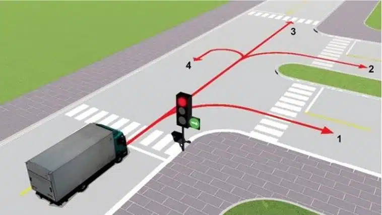 Bộ 600 Câu Hỏi Sát Hạch Lái Xe Cơ Giới Đường Bộ 48 Câu 502. Theo tín hiệu đèn, xe tải đi theo hướng nào là đúng quy tắc giao thông?